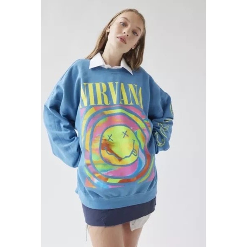 Urban Outfitters Nirvana Smiley Face Graphic Sweatshirt Blue Oversized L/XL